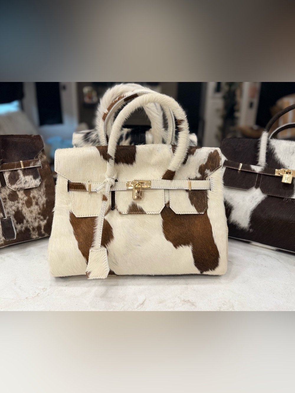 Genuine Brown & White Cowhide Handbag | Gold Hardware